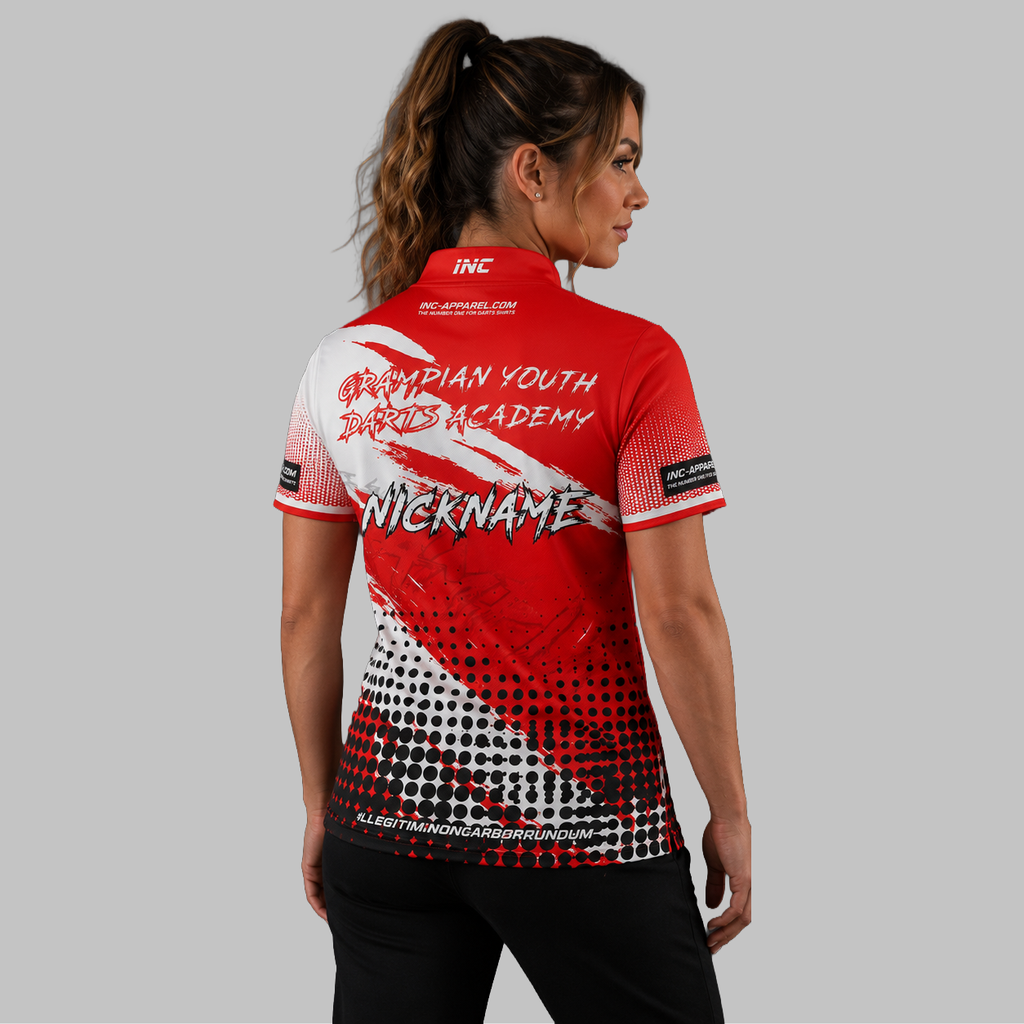Back view of the Women's Official Grampian Youth Darts Academy Darts Shirt, showcasing the seamless flow of the sublimated academy design across the shoulders.