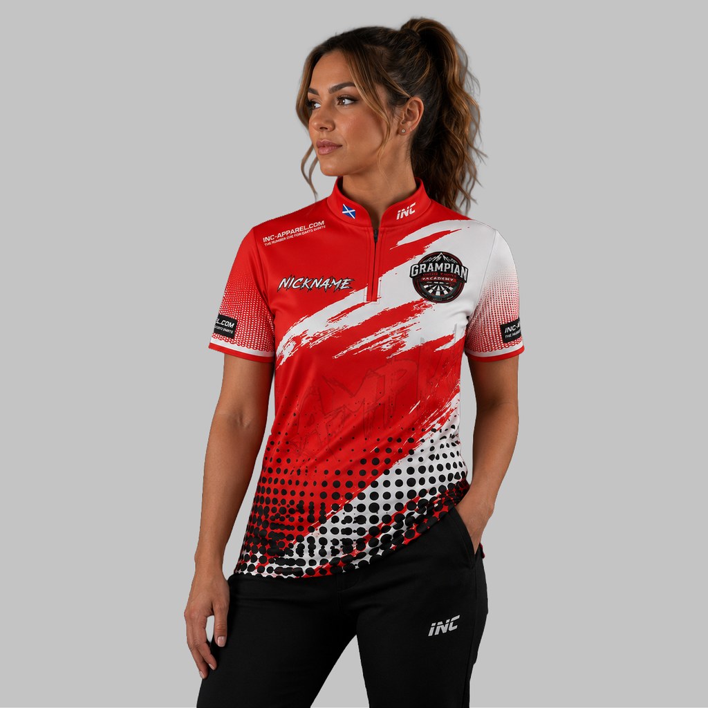 Front view of the Women's Official Grampian Youth Darts Academy Darts Shirt, showing the custom-contoured athletic fit and official academy crest on the chest.