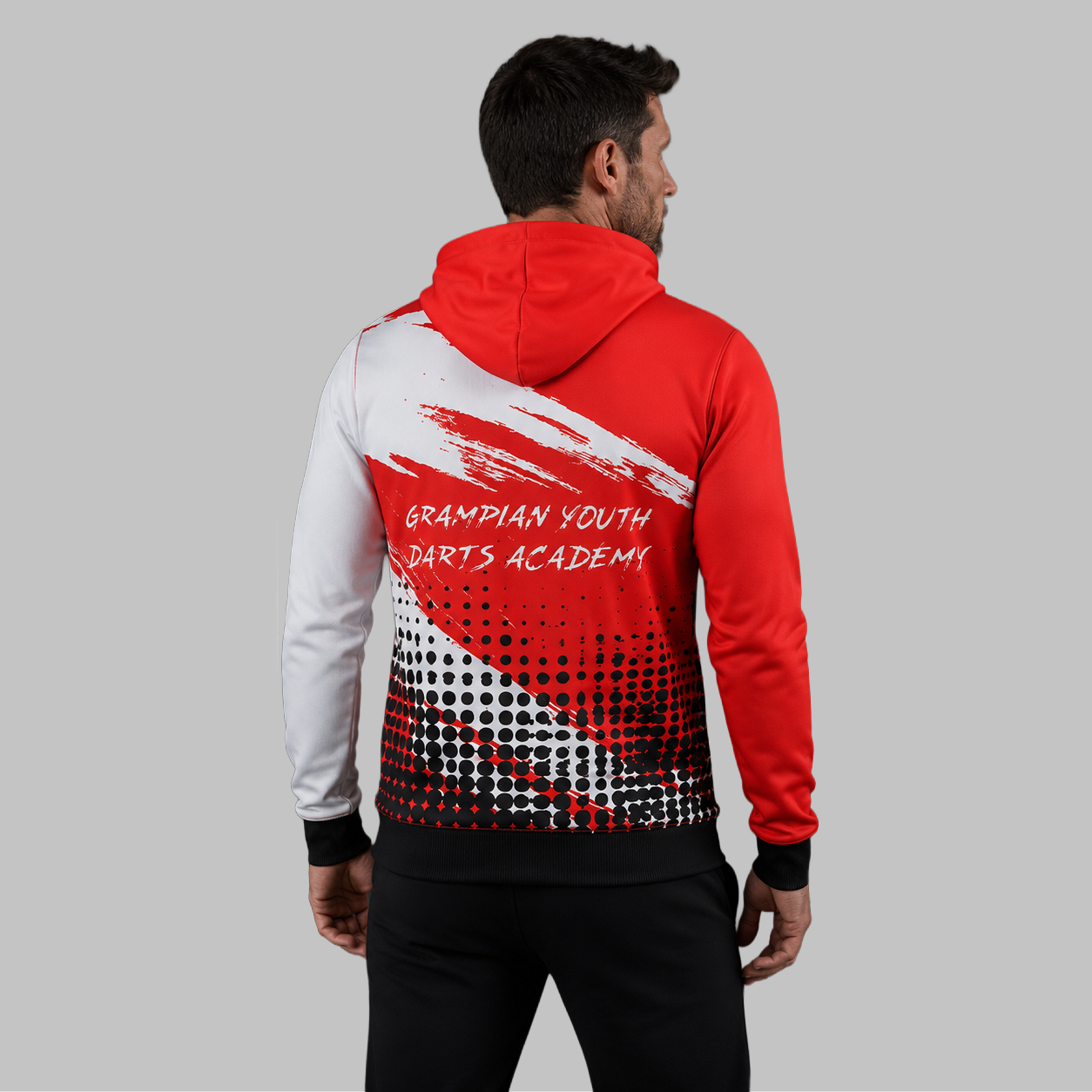 Back view of the unisex Official Grampian Youth Darts Academy Hoodie, showcasing the clean fit and double-lined hood architecture.