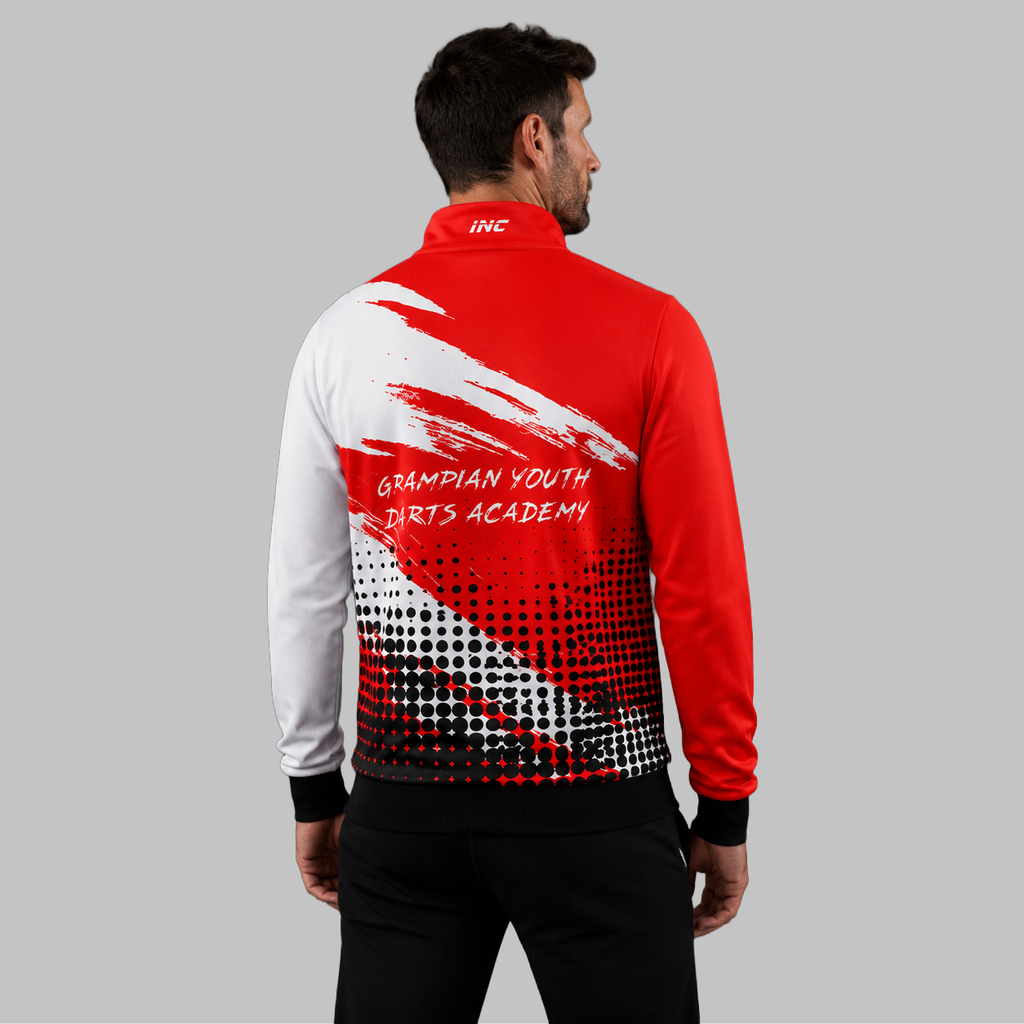 Back view of the unisex Official Grampian Youth Darts Academy Tournament Jacket, showing the clean team color panels and comfortable outer-shell design across the shoulders.