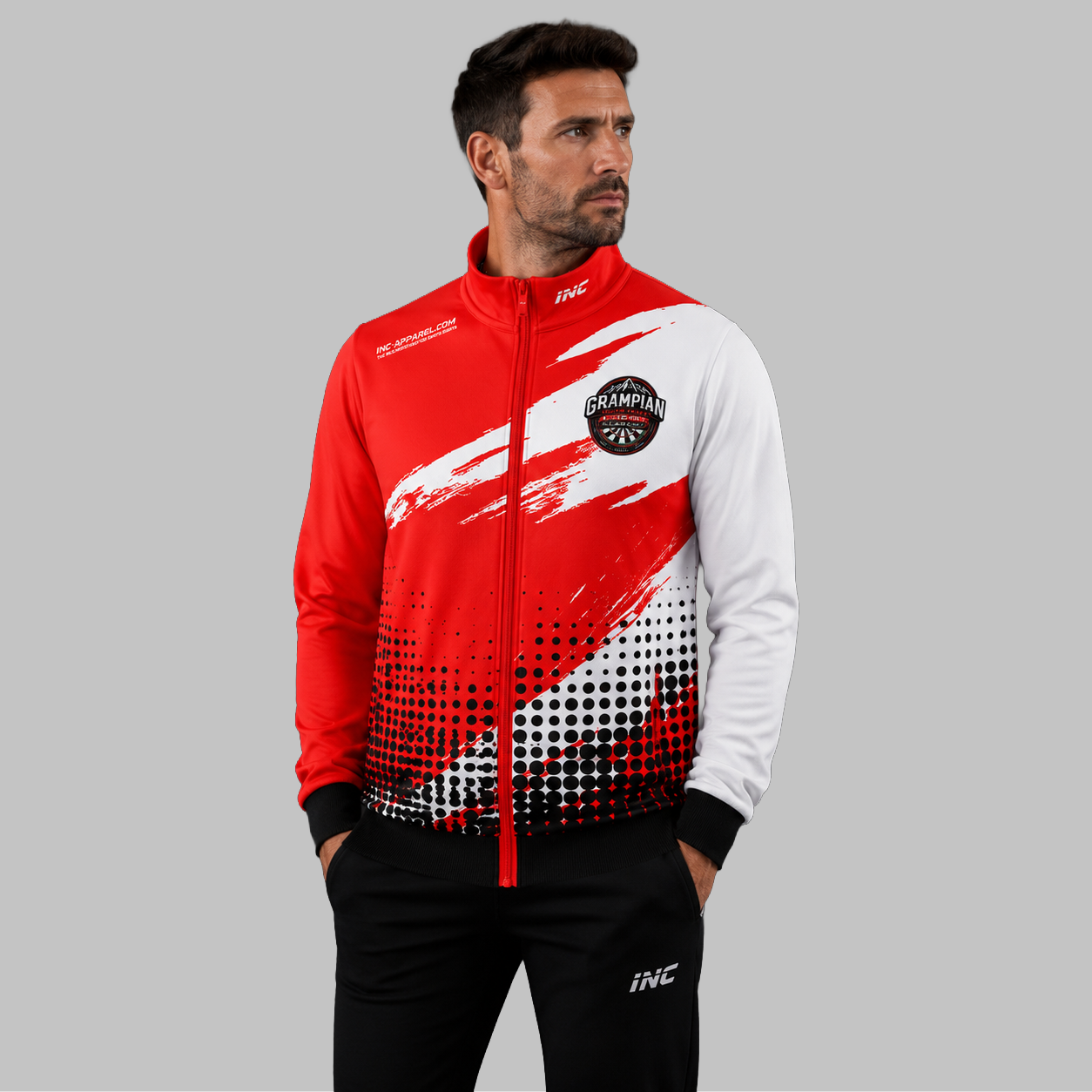 Front view of the unisex Official Grampian Youth Darts Academy Tournament Jacket, highlighting the sleek full-zip design, athletic collar, and prominent official academy crest.