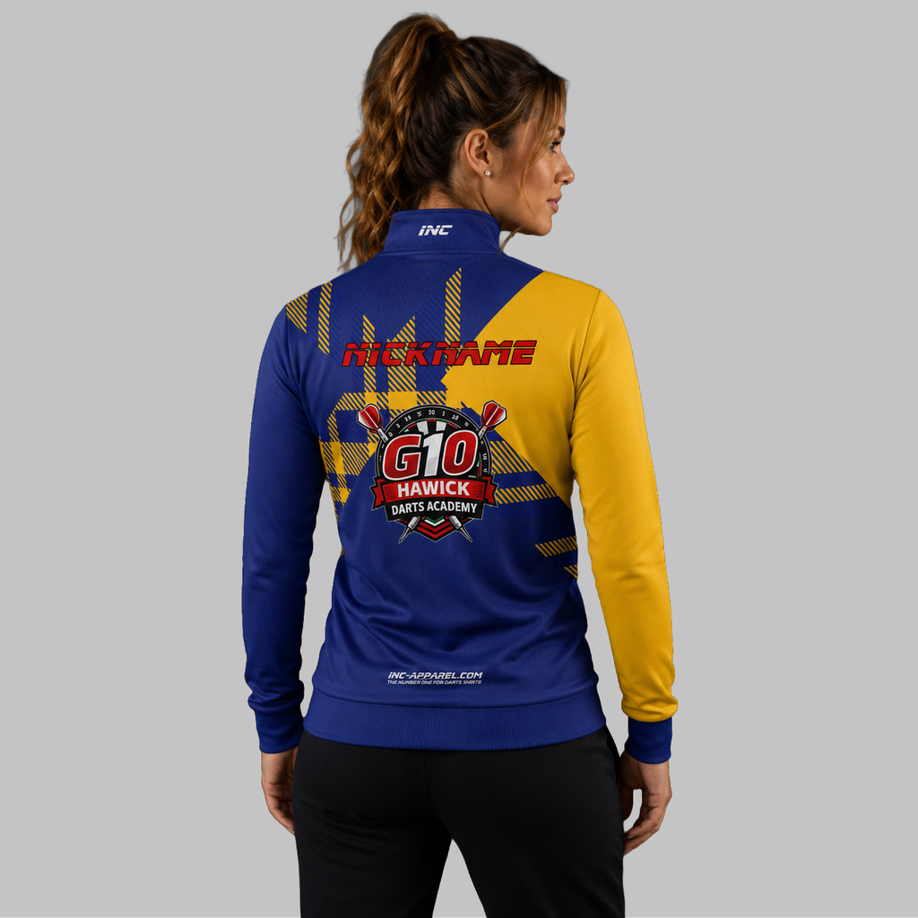 Back view of the unisex Official Hawick Darts Academy Quarter Zip Midlayer, showcasing the clean athletic silhouette and flexible shoulder construction.