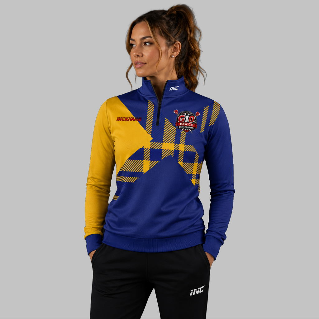 Front view of the unisex Official Hawick Darts Academy Quarter Zip Midlayer, highlighting the athletic team styling, stand-up collar, and official academy crest.