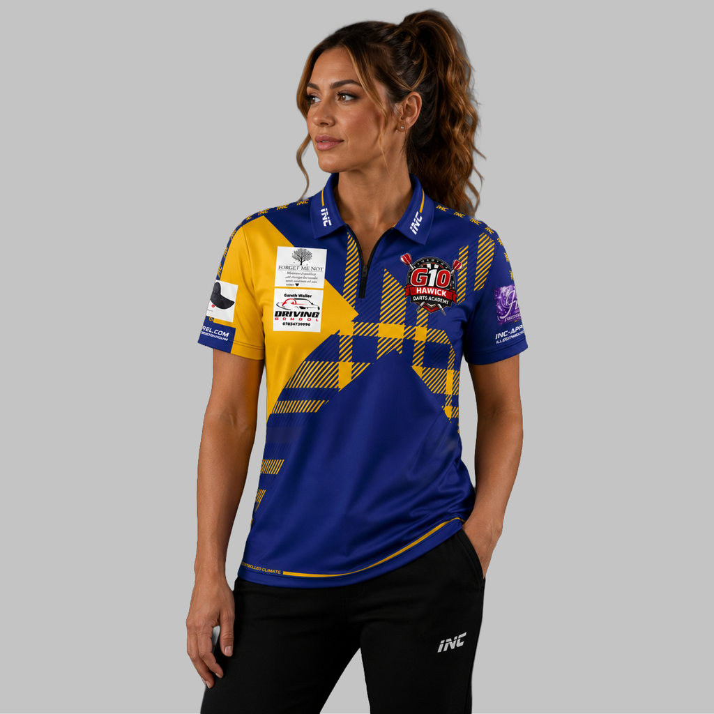 Front view of the Women's Official Hawick Darts Academy Shirt, showing the custom-contoured athletic fit and official academy crest on the chest.