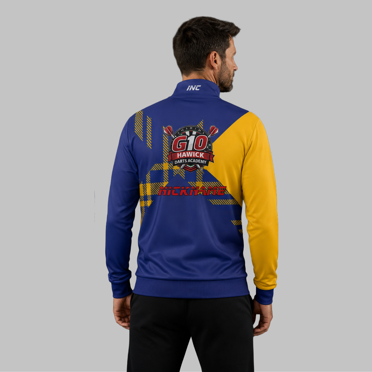 Back view of the unisex Official Hawick Darts Academy Tournament Jacket, showing the clean team color panels and comfortable outer-shell design across the shoulders.