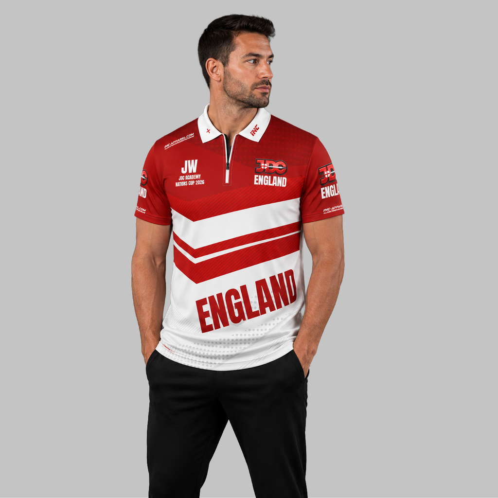 Front view of the Men and Youth Official JDC England Zip Polo Darts Shirt, showcasing the professional national team styling, quarter-zip collar, and official branding.
