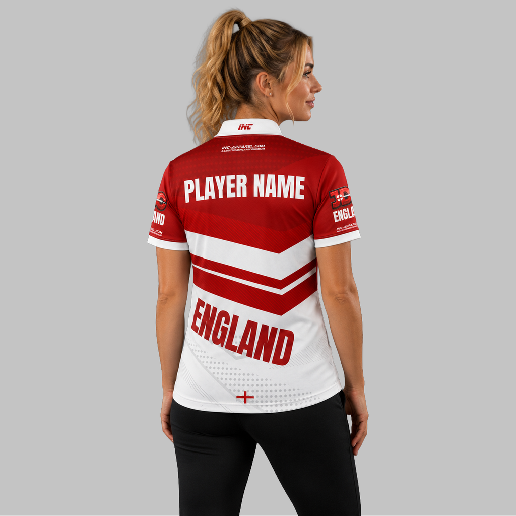 Back view of the Women's Official JDC England Zip Polo Darts Shirt, showcasing the seamless flow of the sublimated national team design across the shoulders.