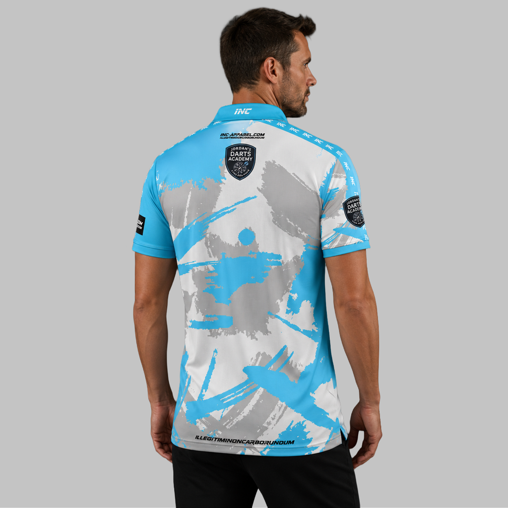 Back view of the Men and Youth Official Jordan's Darts Academy Shirt, showcasing the clean fit and unrestricted shoulder construction.
