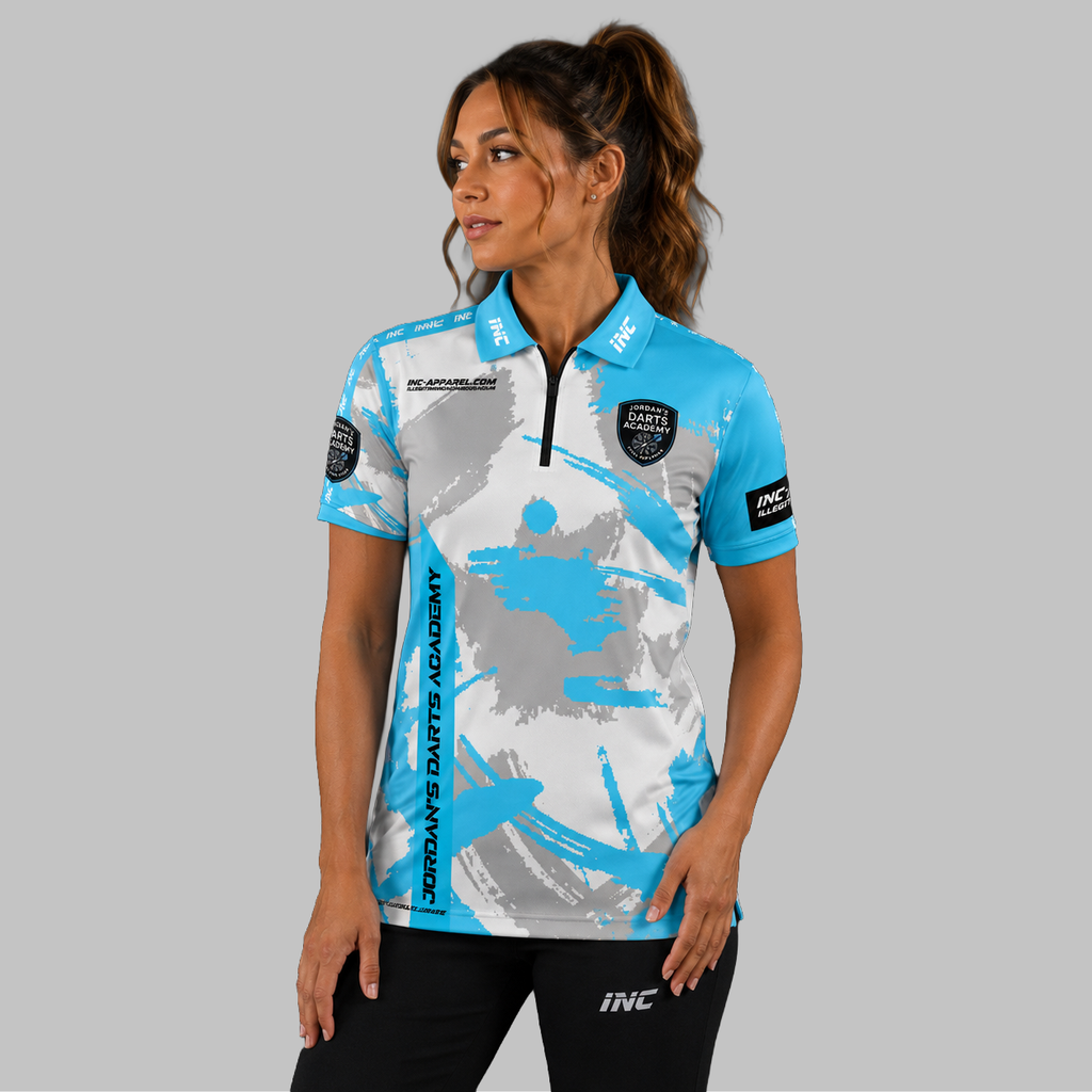 Front view of the Women's Official Jordan's Darts Academy Shirt, showing the custom-contoured athletic fit and official academy crest on the chest.