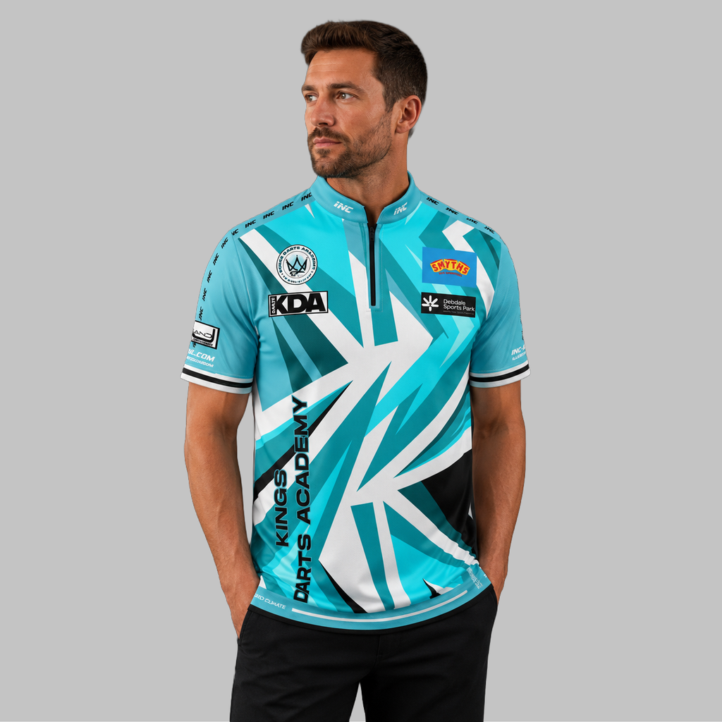 Front view of the Men and Youth Official Kings Darts Academy Shirt, showing the vibrant academy colors, professional athletic collar, and official crest.