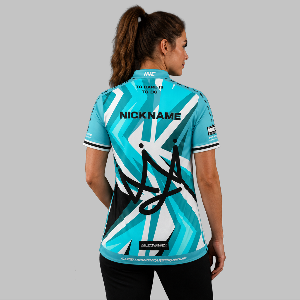 Back view of the Women's Official Kings Darts Academy Shirt, showcasing the seamless flow of the sublimated academy design across the shoulders.