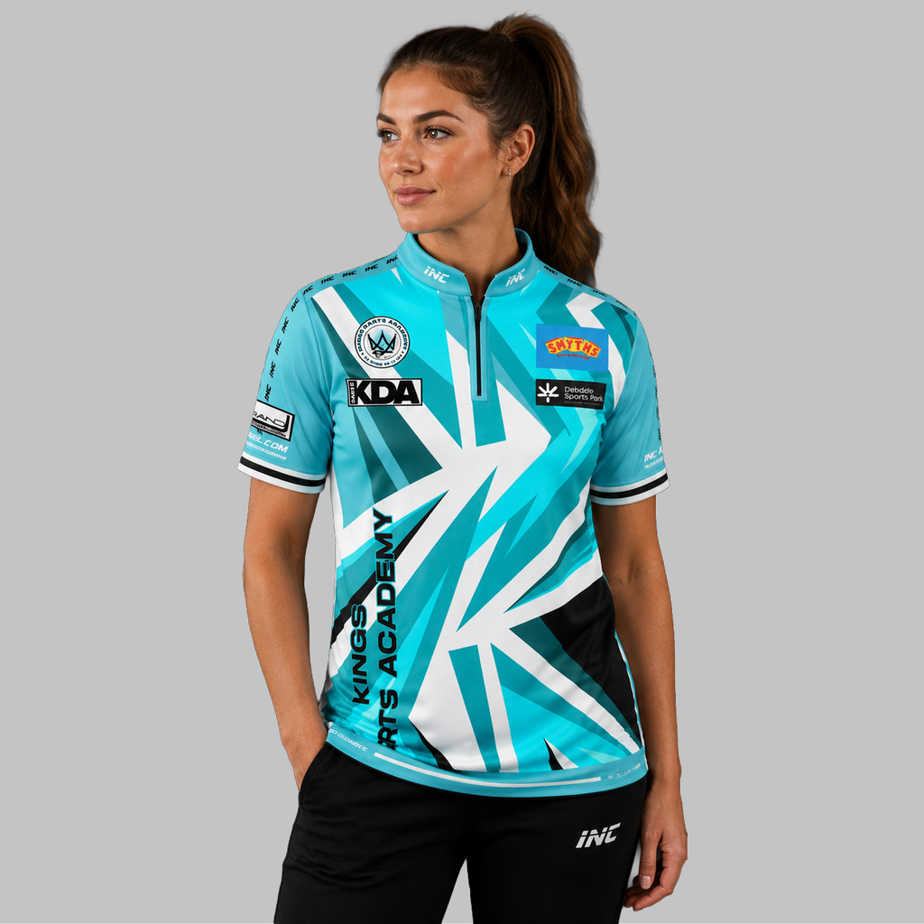 Front view of the Women's Official Kings Darts Academy Shirt, showing the custom-contoured athletic fit and official academy crest on the chest.