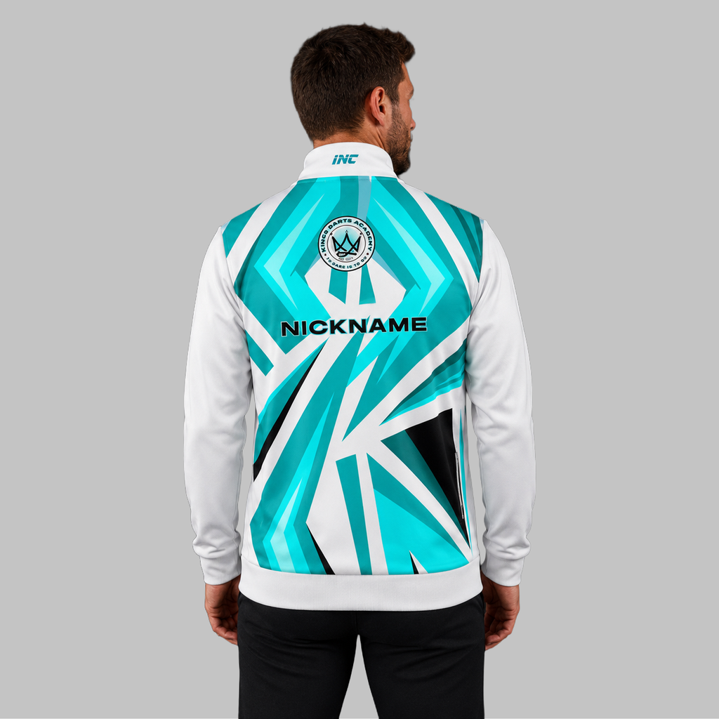 Back view of the unisex Official Kings Darts Academy Tournament Jacket, showing the clean team color panels and comfortable outer-shell design across the shoulders.