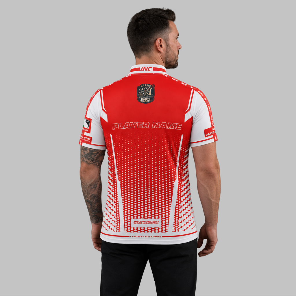 Back view of the Men and Youth Official Larne Darts Academy Shirt, showcasing the clean fit and unrestricted shoulder construction.