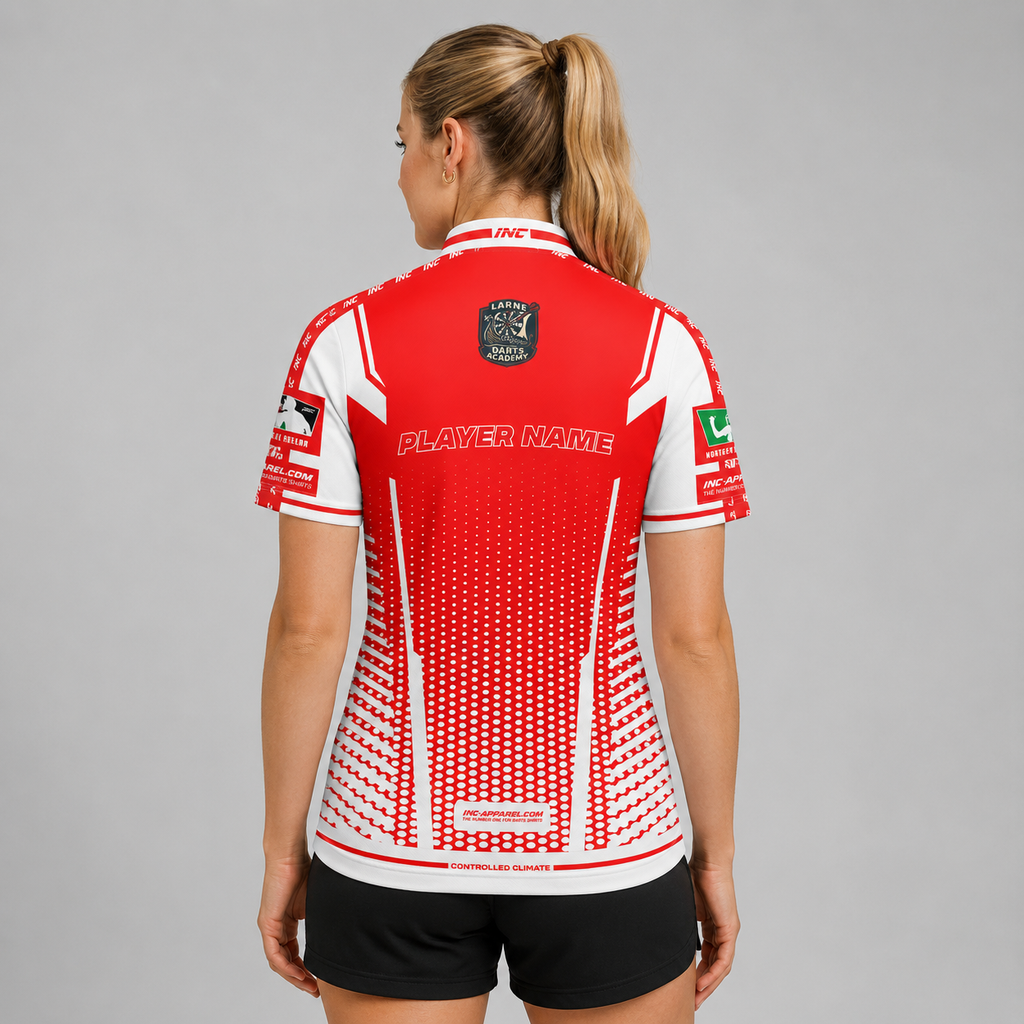Back view of the Women's Official Larne Darts Academy Shirt, showcasing the seamless flow of the sublimated academy design across the shoulders.
