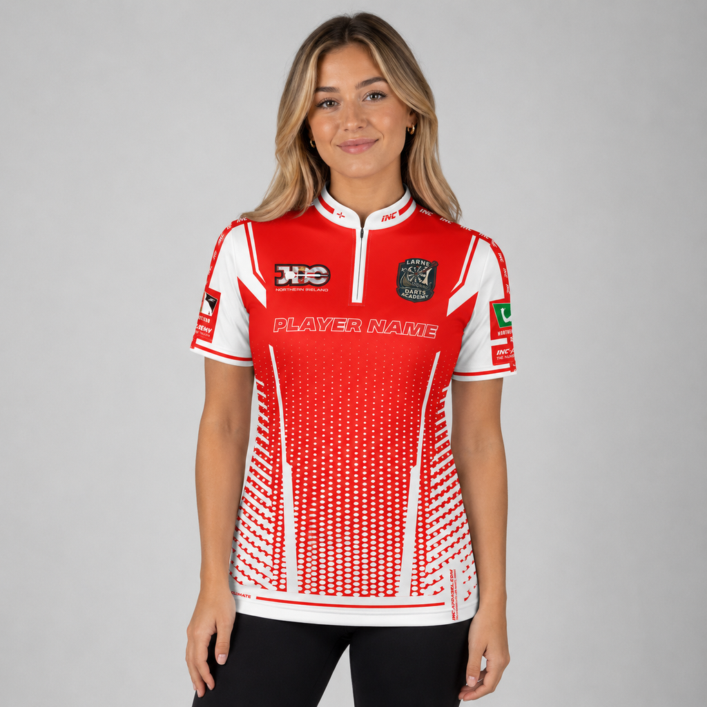 Front view of the Women's Official Larne Darts Academy Shirt, showing the custom-contoured athletic fit and official academy crest on the chest.