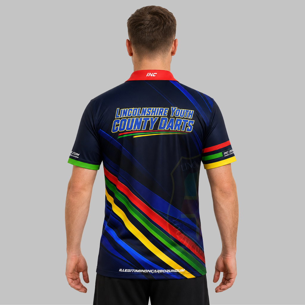 Back view of the Men and Youth Official Lincolnshire County Youth Darts Shirt, showcasing the clean athletic fit and unrestricted shoulder construction.