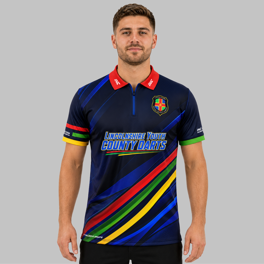 Front view of the Men and Youth Official Lincolnshire County Youth Darts Shirt, showing the dynamic county team styling, professional collar, and sharp sublimated graphics.