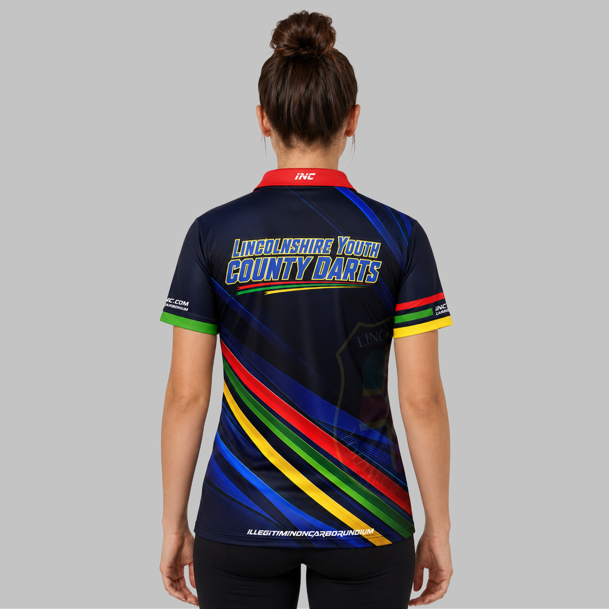 Back view of the Women's Official Lincolnshire County Youth Darts Shirt, showcasing the seamless flow of the sublimated county team design across the shoulders.