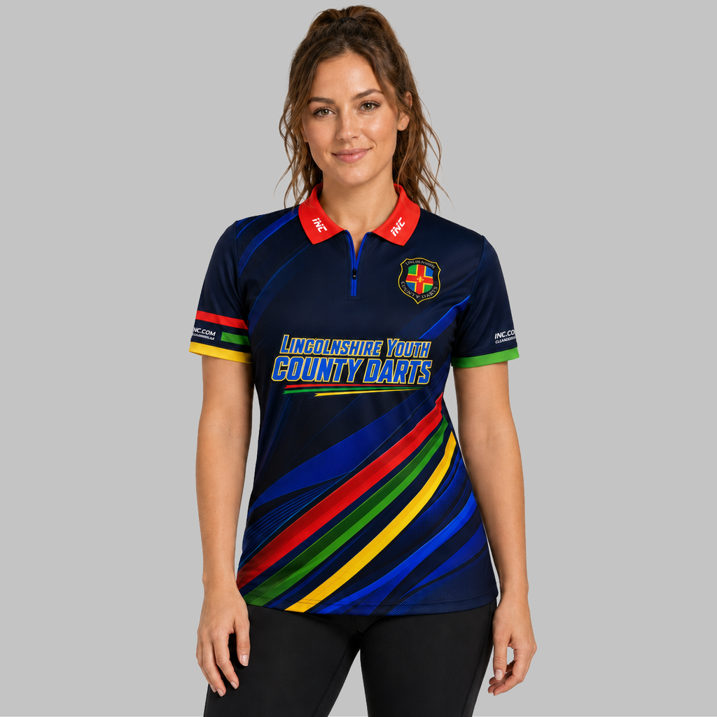 Front view of the Women's Official Lincolnshire County Youth Darts Shirt, showing the custom-contoured athletic fit and official county branding on the chest.