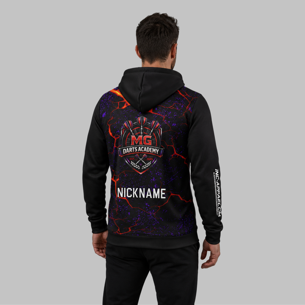 Back view of the unisex Official MG Darts Academy Hoodie, showcasing the clean fit and double-lined hood architecture.