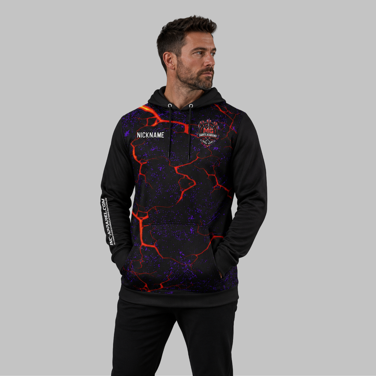 Front view of the unisex Official MG Darts Academy Hoodie, highlighting the cozy fleece design and bold official academy crest across the chest.