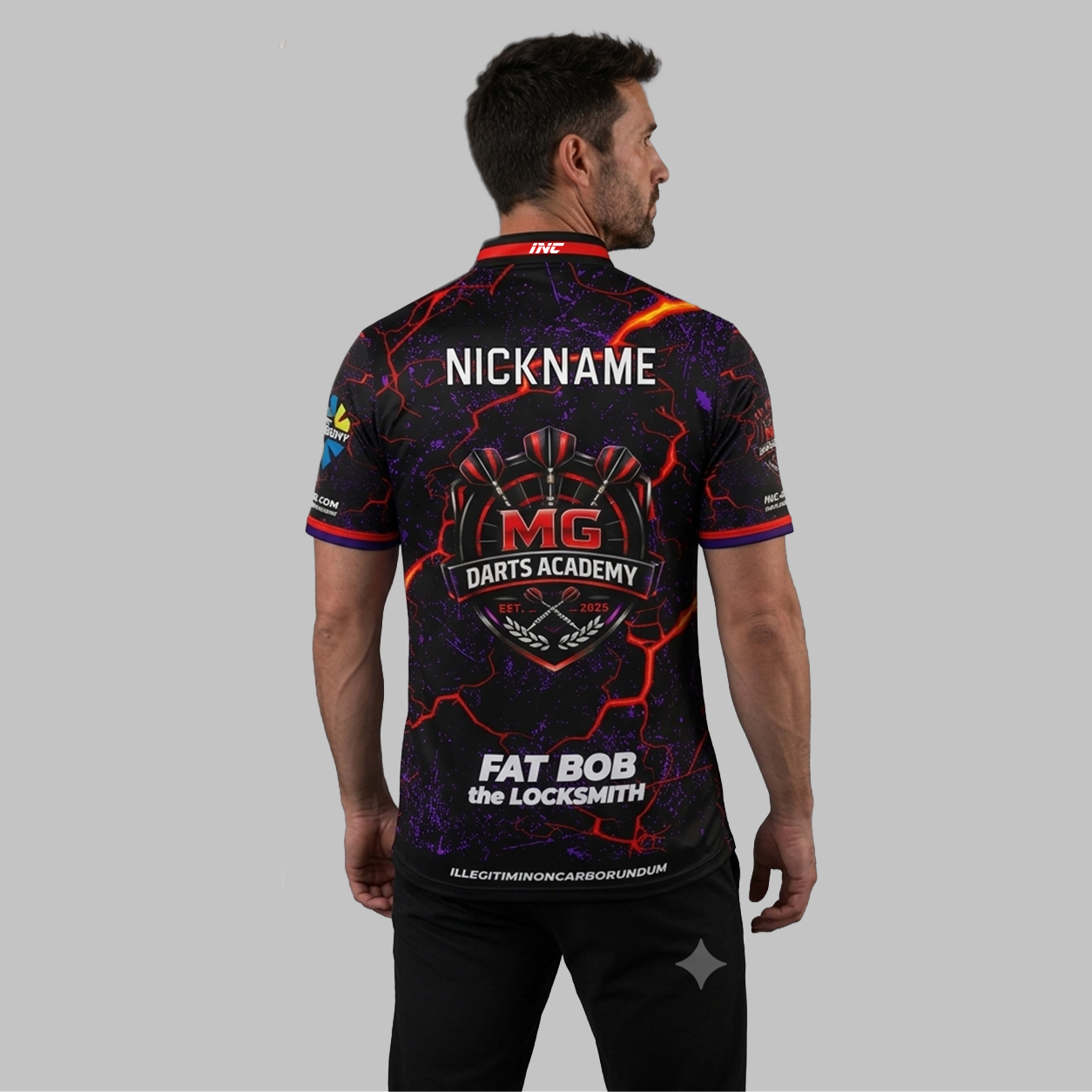 Back view of the Men and Youth Official MG Darts Academy Shirt, showcasing the clean fit and unrestricted shoulder construction.