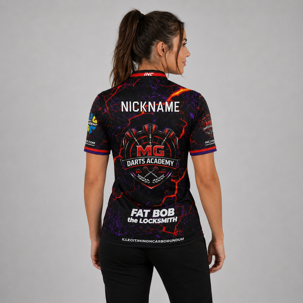 Back view of the Women's Official MG Darts Academy Shirt, showcasing the seamless flow of the sublimated academy design across the shoulders.