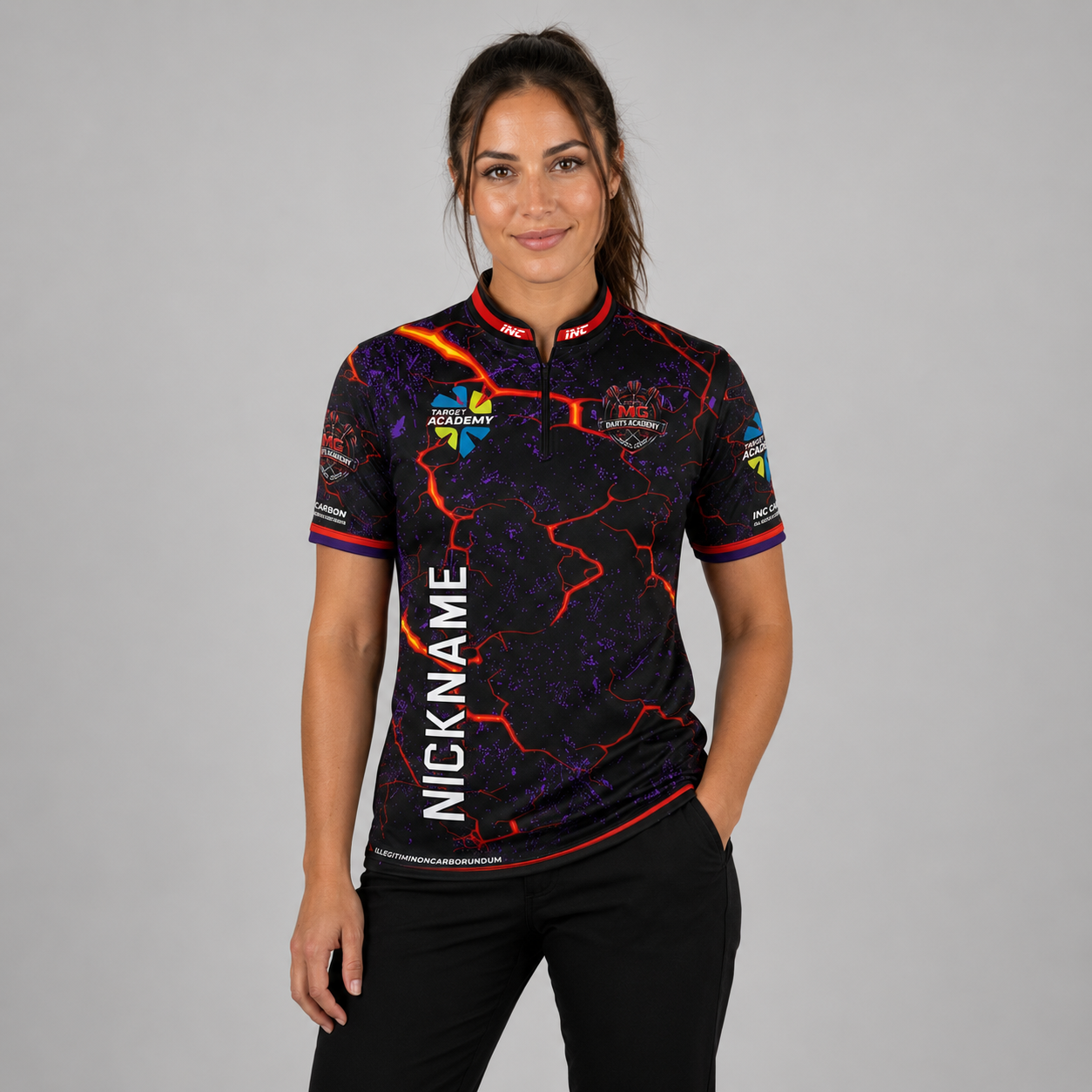 Front view of the Women's Official MG Darts Academy Shirt, showing the custom-contoured athletic fit and official academy crest on the chest.