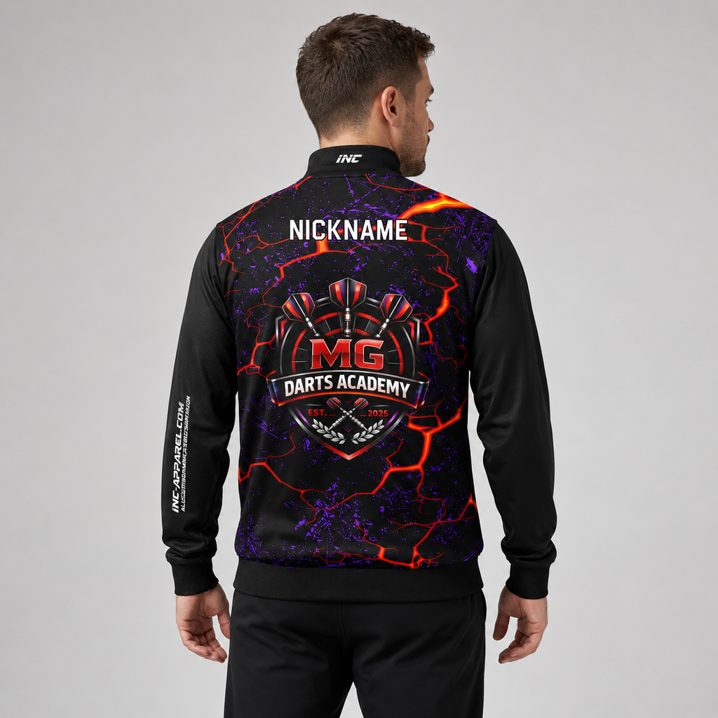 Back view of the unisex Official MG Darts Academy Tournament Jacket, showing the clean team color panels and comfortable outer-shell design across the shoulders.