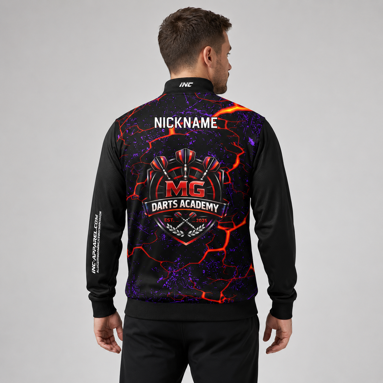 Back view of the unisex Official MG Darts Academy Tournament Jacket, showing the clean team color panels and comfortable outer-shell design across the shoulders.