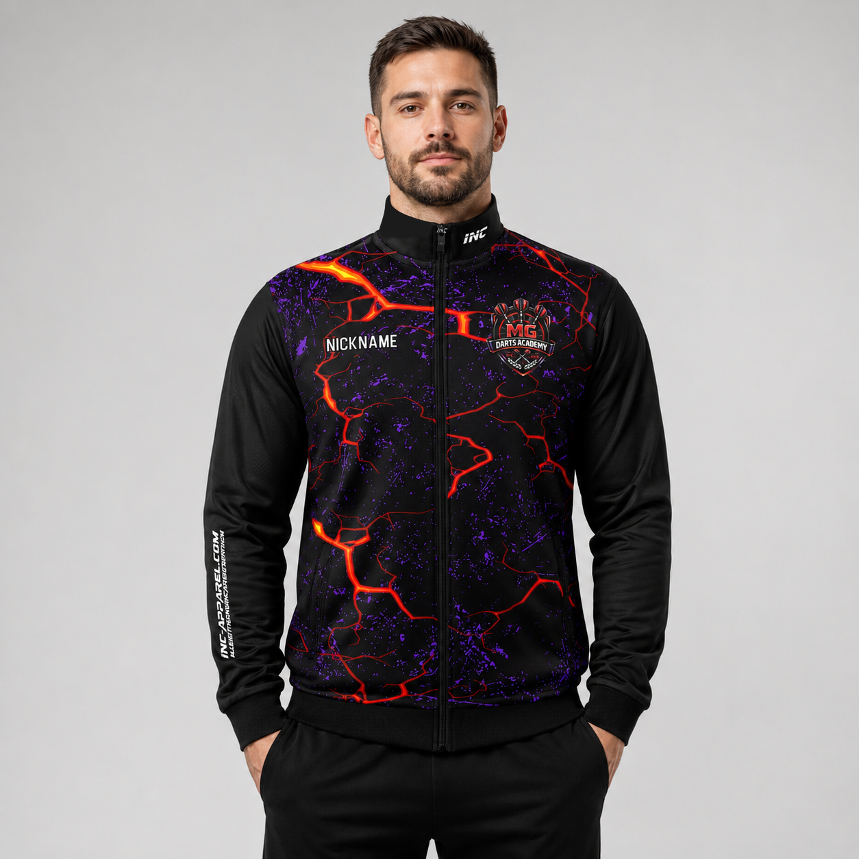Front view of the unisex Official MG Darts Academy Tournament Jacket, highlighting the sleek full-zip design, athletic collar, and prominent official academy crest.