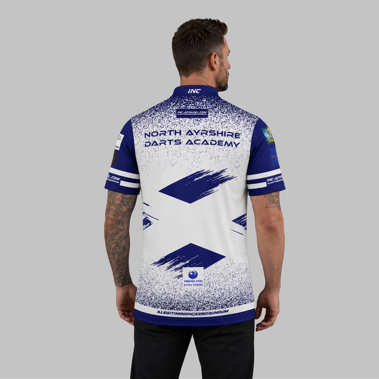 Back view of the Men and Youth Official North Ayrshire Darts Academy Darts Shirt, showcasing the clean fit and unrestricted shoulder construction.