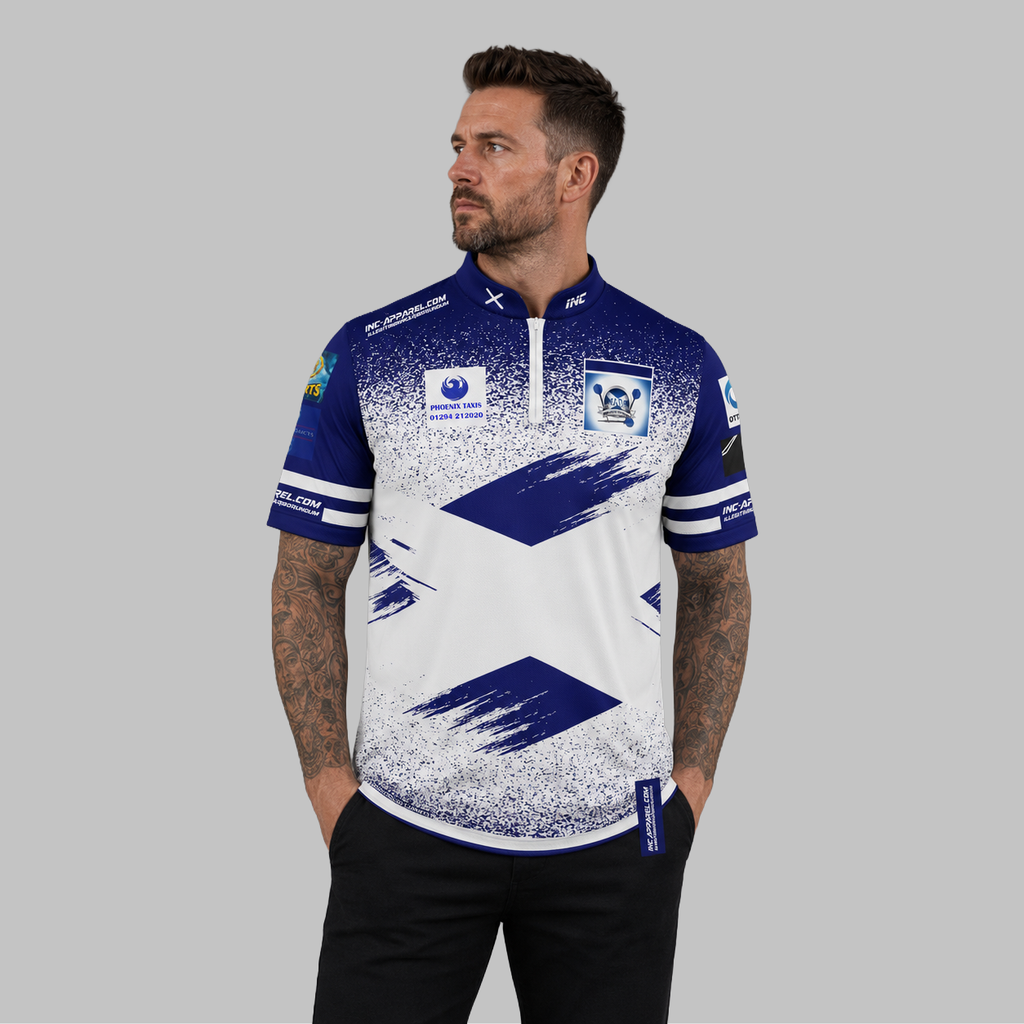 Front view of the Men and Youth Official North Ayrshire Darts Academy Darts Shirt, showing the vibrant academy colors, professional athletic collar, and official crest.