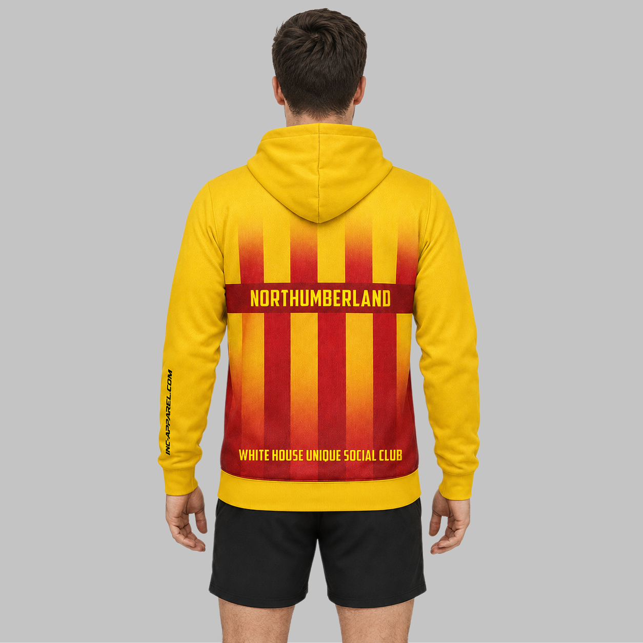 Back view of the unisex Official Northumberland County Darts Hoodie, showcasing the relaxed athletic fit and clean team styling across the shoulders.