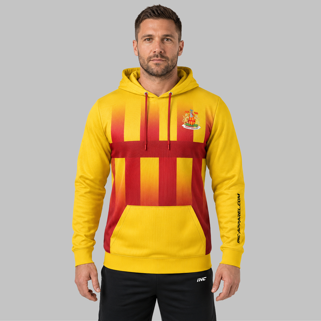 Front view of the unisex Official Northumberland County Darts Hoodie, featuring the cozy pouch pocket, adjustable hood, and bold official county crest.