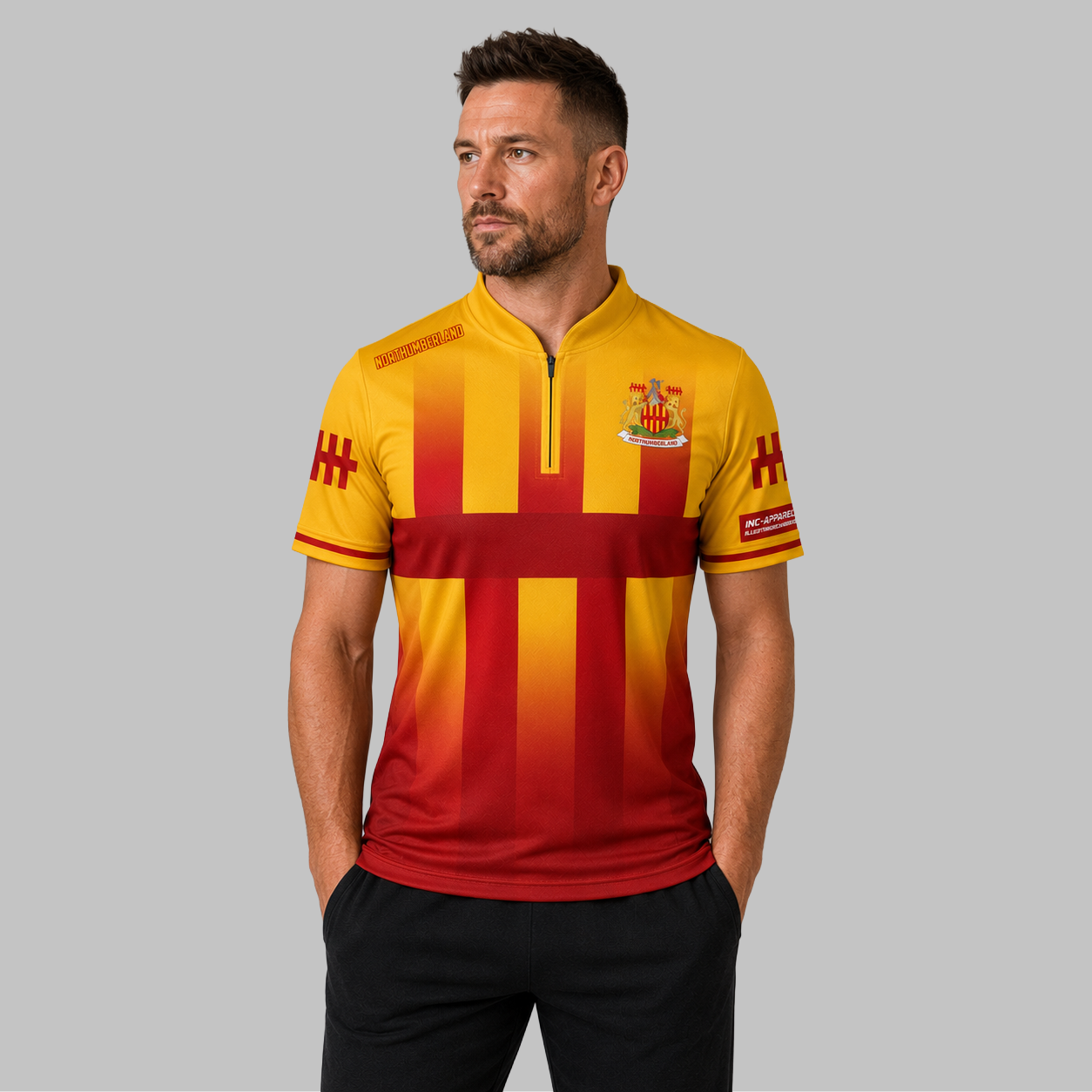Front view of the Men and Youth Official Northumberland County Darts Shirt, showing the dynamic athletic fit, professional collar, and official county crest.