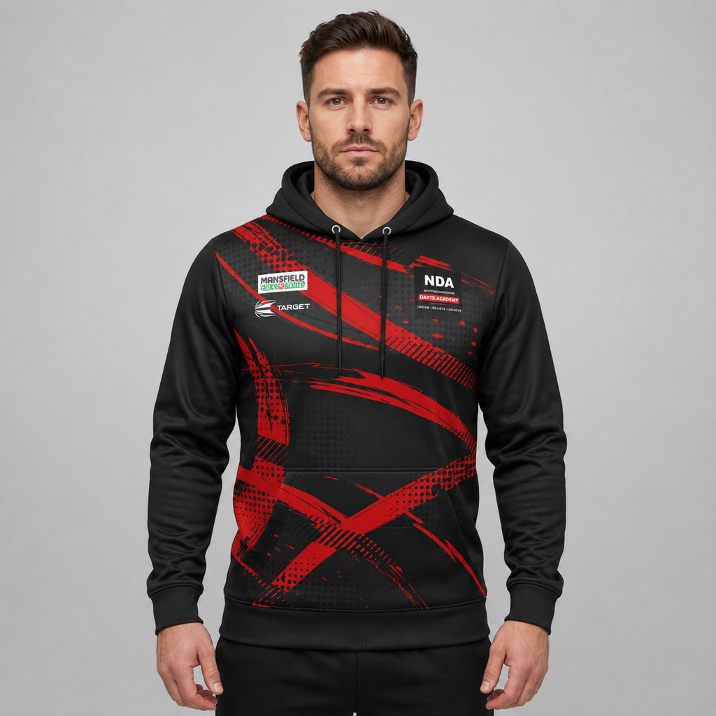Front view of the unisex Official Nottinghamshire Darts Academy Hoodie, highlighting the cozy fleece design and bold official academy crest across the chest.