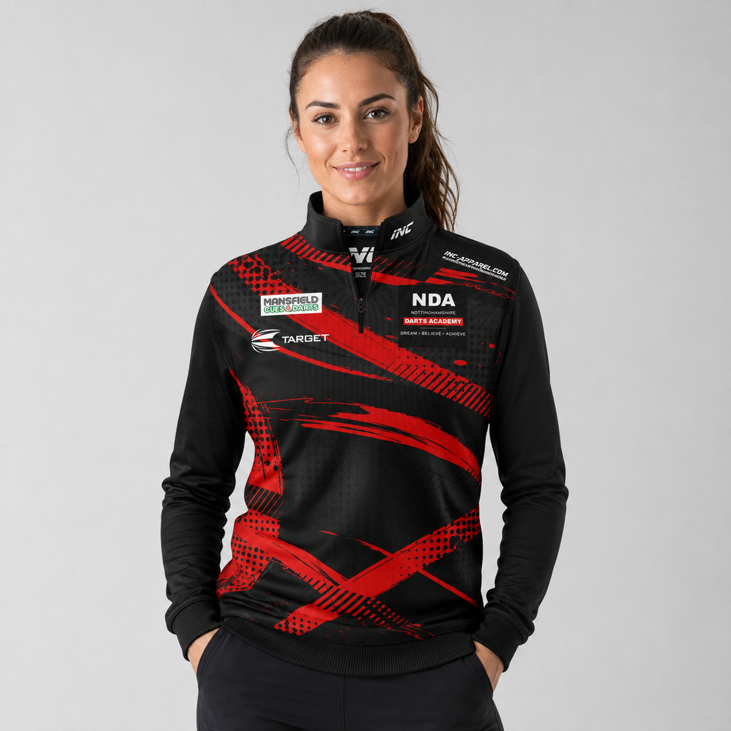 Front view of the unisex Official Nottinghamshire Darts Academy Quarter Zip Midlayer, highlighting the athletic team styling, stand-up collar, and official academy crest.