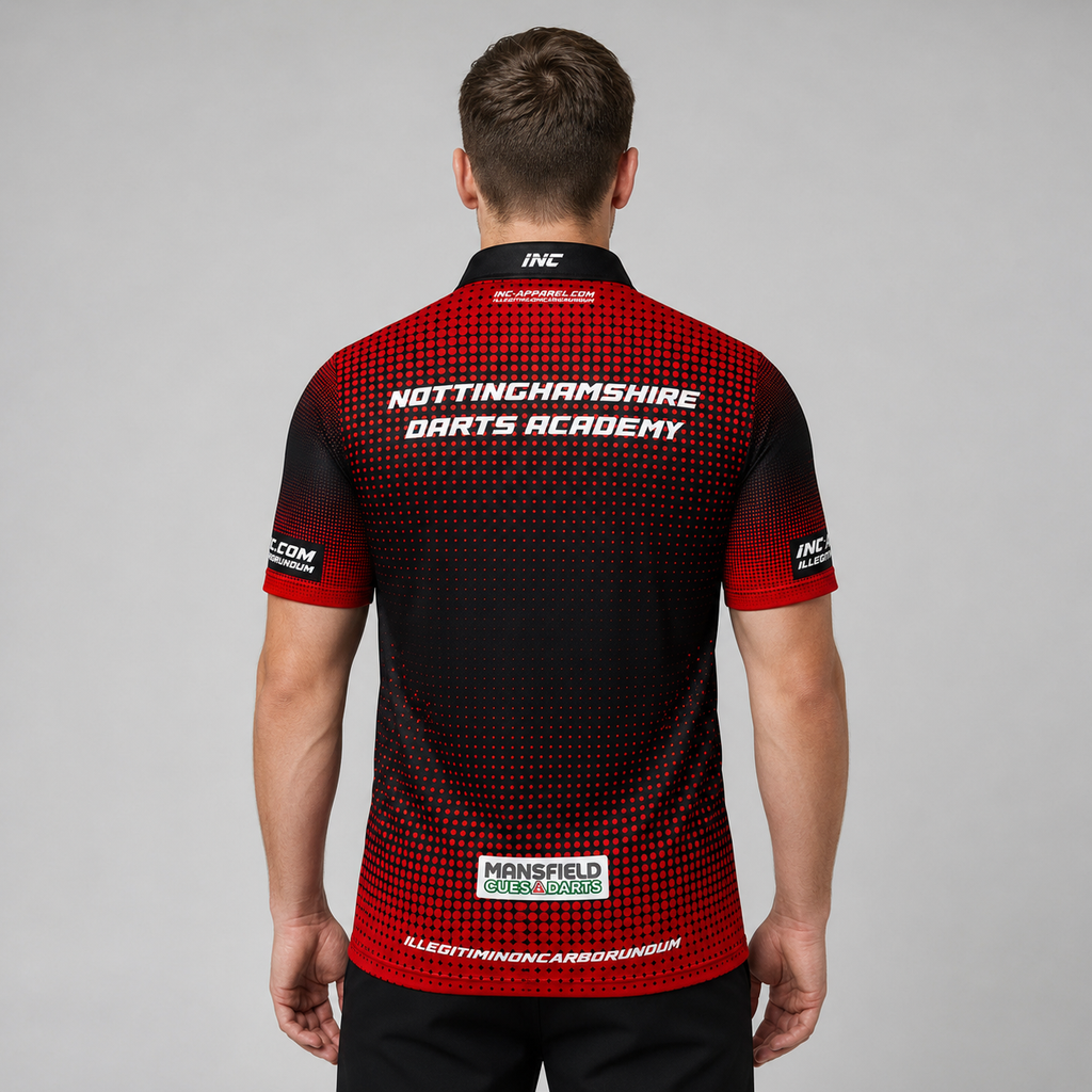 Back view of the Men and Youth Official Nottinghamshire Darts Academy Shirt, showcasing the clean fit and unrestricted shoulder construction.