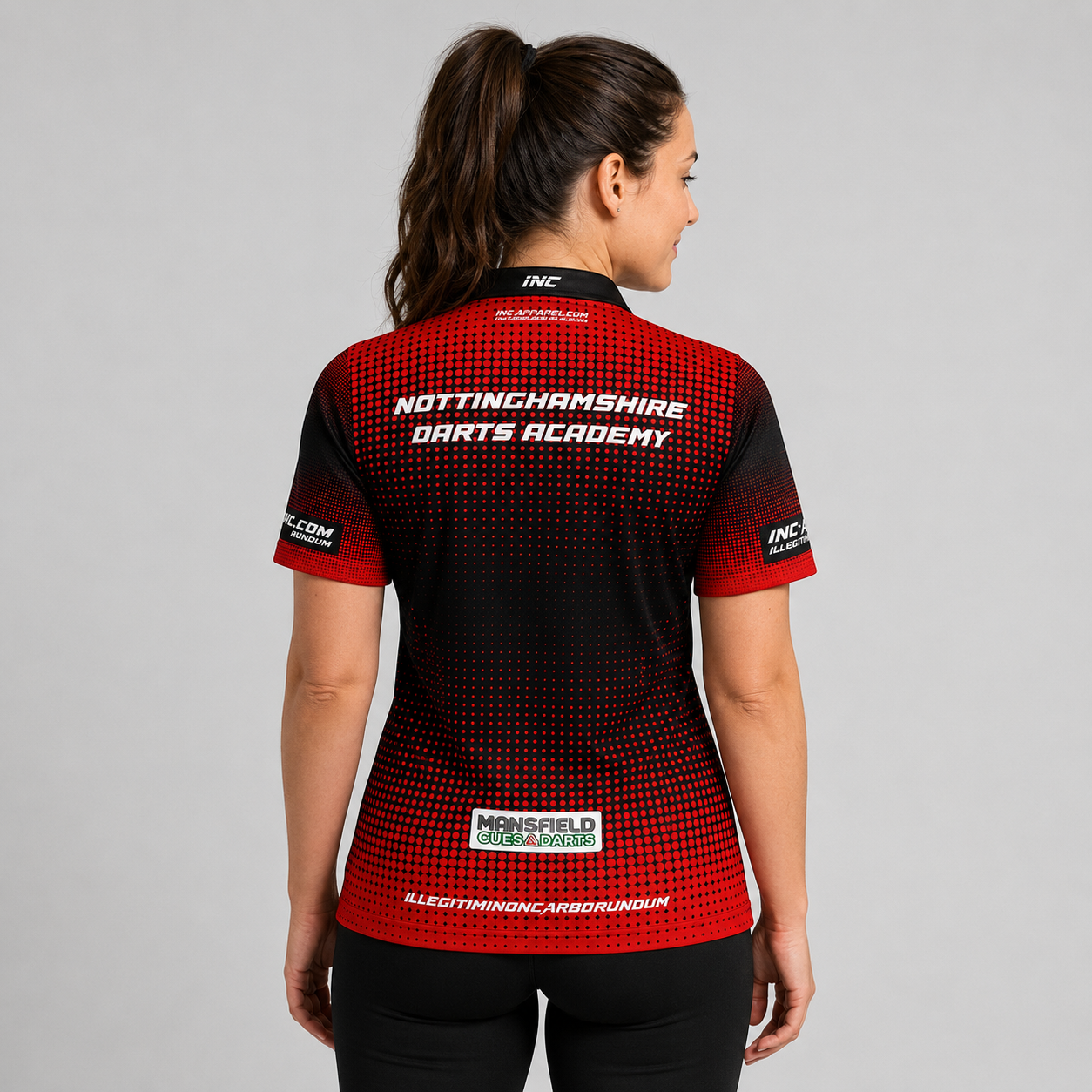 Back view of the Women's Official Nottinghamshire Darts Academy Shirt, showcasing the seamless flow of the sublimated academy design across the shoulders.