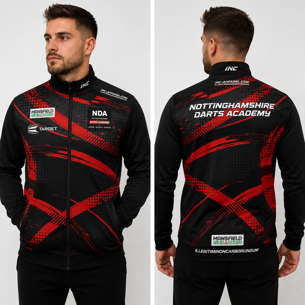 Unisex Official Nottinghamshire Darts Academy Tournament Jacket, highlighting the sleek full-zip design, athletic collar, and prominent official academy crest.