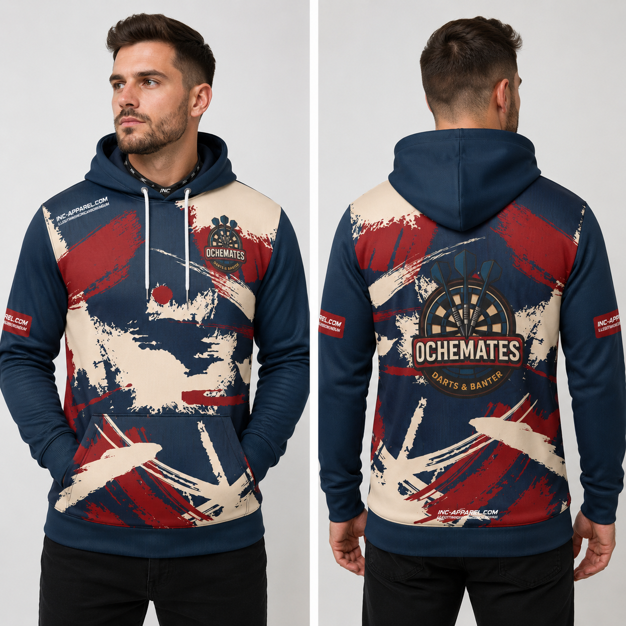Front view of the unisex Official Ochemates Darts Team Hoodie, highlighting the cozy fleece design and bold official team crest across the chest.