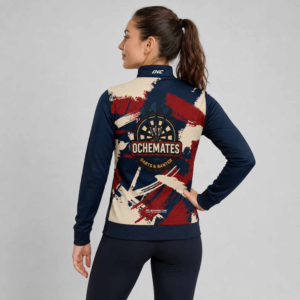 Back view of the unisex Official Ochemates Darts Team Quarter Zip Midlayer, showcasing the clean athletic silhouette and flexible shoulder construction