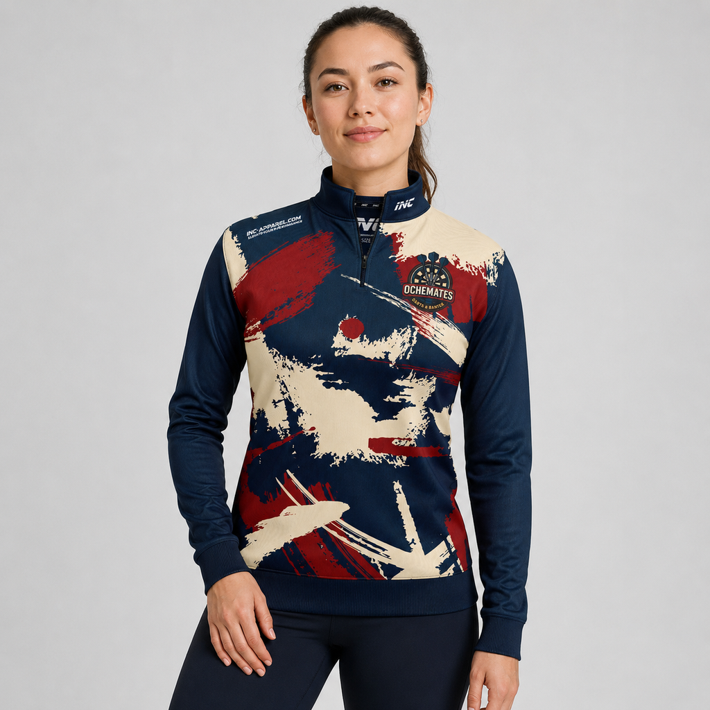 Front view of the unisex Official Ochemates Darts Team Quarter Zip Midlayer, highlighting the athletic team styling, stand-up collar, and official team crest.