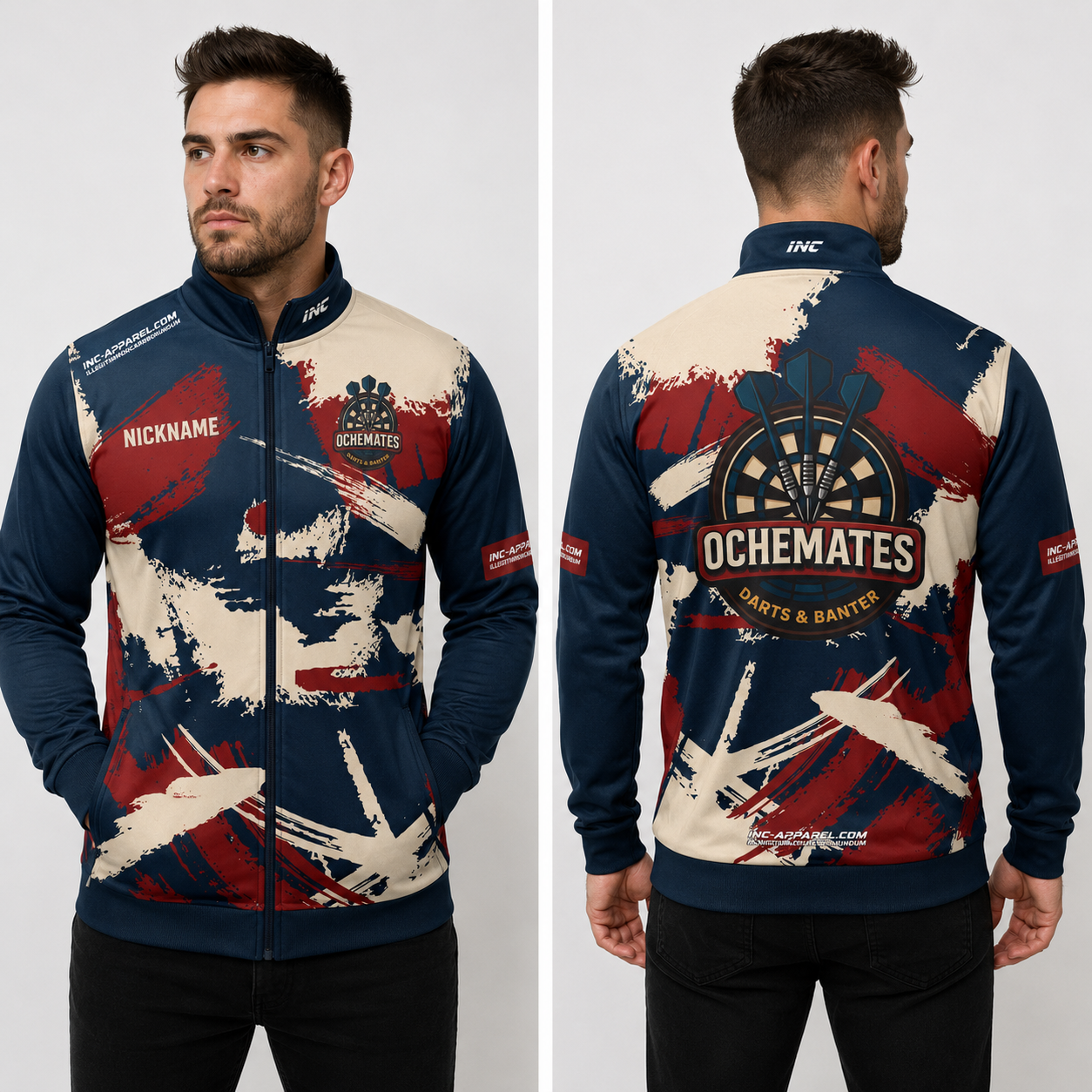 Front view of the unisex Official Ochemates Darts Team Tournament Jacket, highlighting the sleek full-zip design, athletic collar, and prominent official team crest.