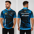 Front view of the unisex Official OOCLANOO Darts Shirt Blue, showing the vibrant blue colorway, professional athletic collar, and sharp sublimated branding.