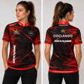 Front view of the unisex Official OOCLANOO Darts Shirt Red, showing the vibrant red colorway, professional athletic collar, and sharp sublimated branding.