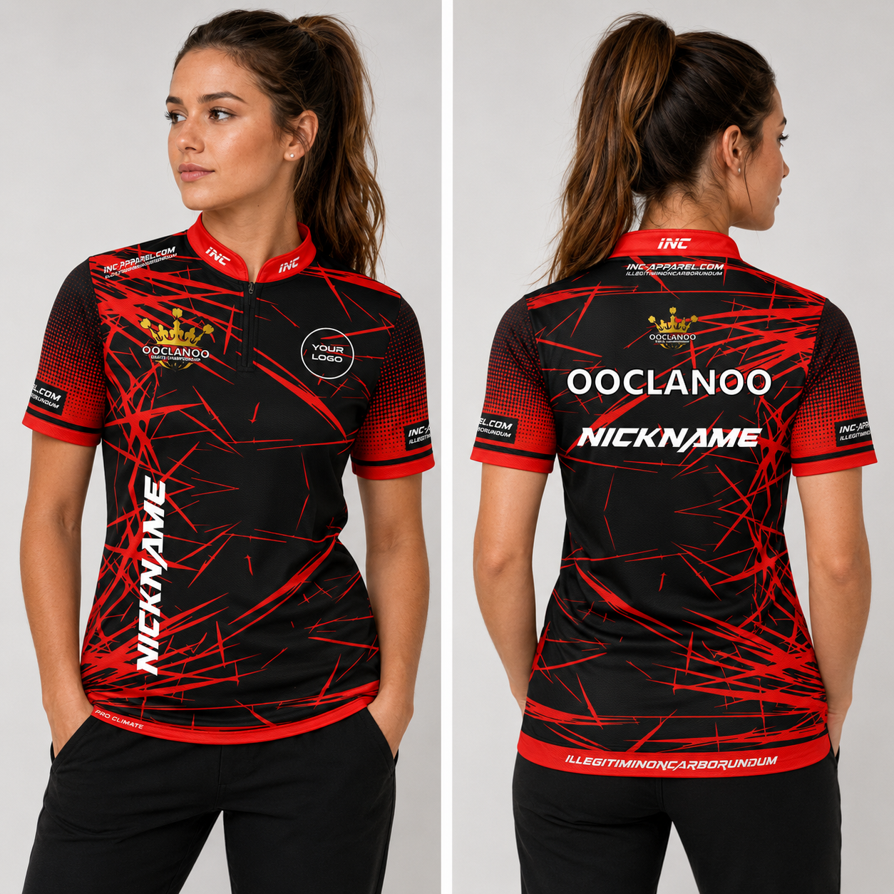 Front view of the unisex Official OOCLANOO Darts Shirt Red, showing the vibrant red colorway, professional athletic collar, and sharp sublimated branding.