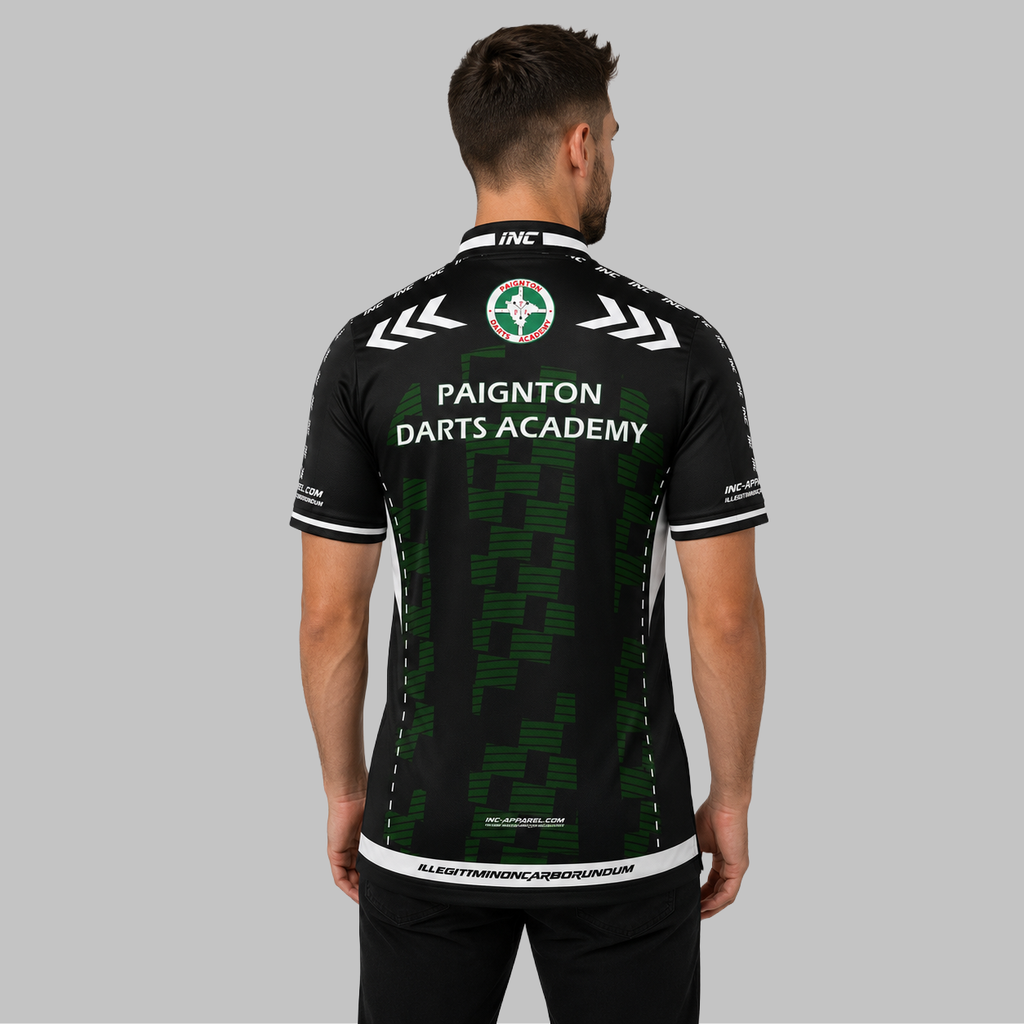 Back view of the Men's Official Paignton Darts Academy Mentors Darts Shirt, showcasing the tailored fit and flexible shoulder panels for coaching and playing.